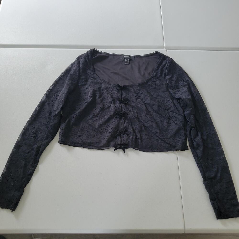 Y2K Whimsigoth Goth Shirt Womens 1X Lace Bow Front Long Sleeve Cropped Cardigan